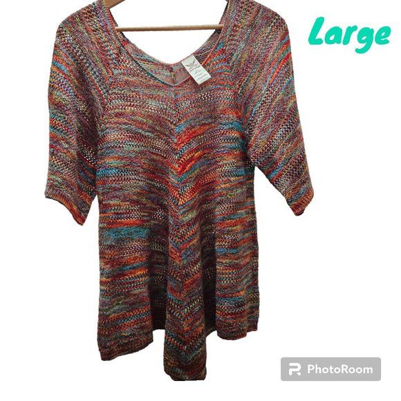 Faded Glory Double V Neck Sweater Boho Y2K Tunic Sunset Cozy Fall Women Large - Picture 1 of 4